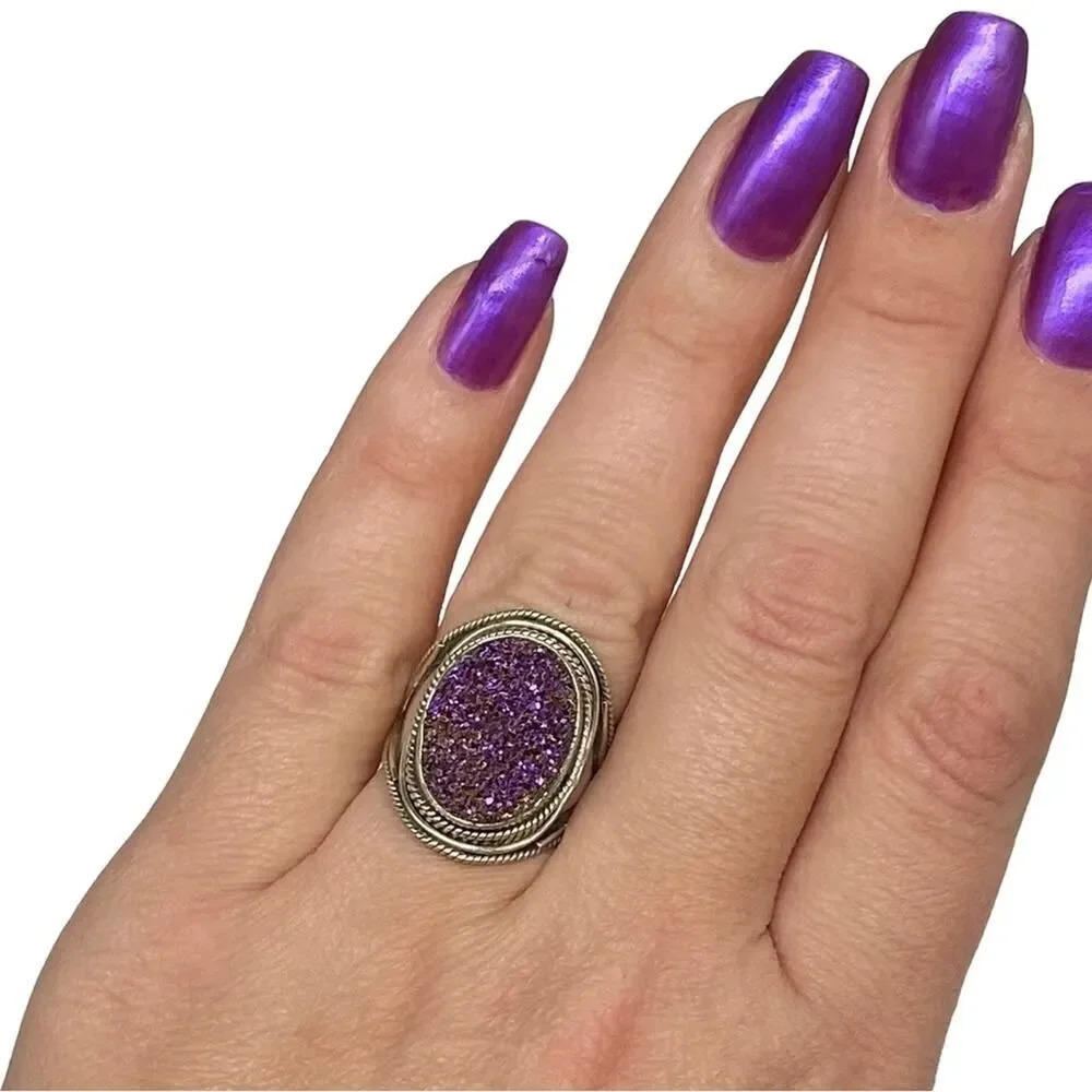 Purple Druzy Ring Solid Sterling Silver 925 Size 6 Natural Stone Oval Boho